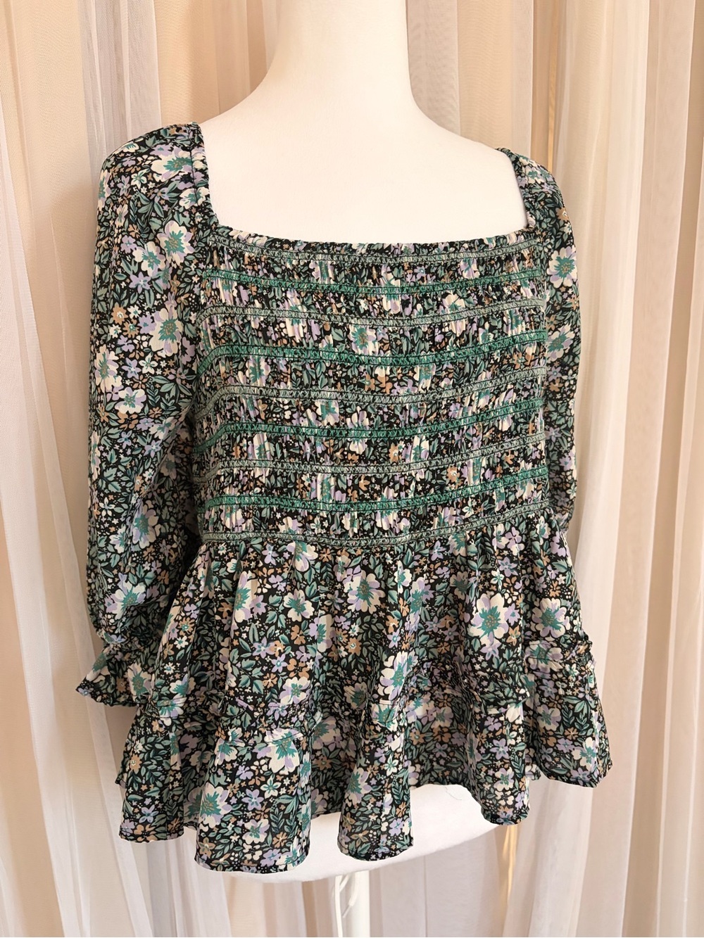 American Eagle Outfitters Green Floral Smocked Peplum Blouse